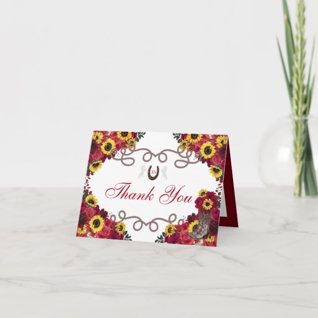 Red Roses Sunflowers Charro Quinceanera Thank You Invitation (Front)