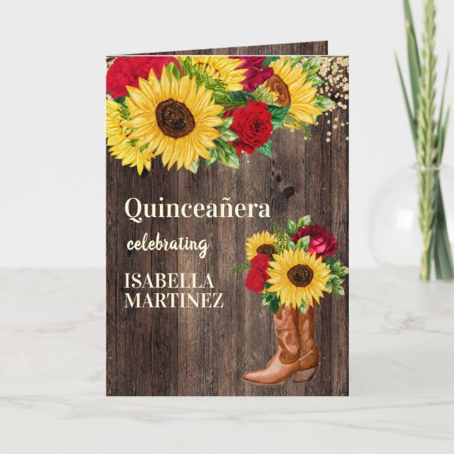 Red Roses Sunflowers Cowgirl Boots Quinceanera Card (Front)