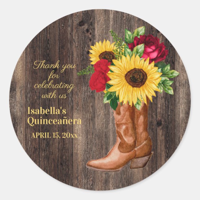 Red Roses Sunflowers Cowgirl Boots Quinceanera    Classic Round Sticker (Front)