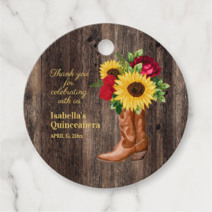 Red Roses Sunflowers Cowgirl Boots Quinceanera    Favour Tags