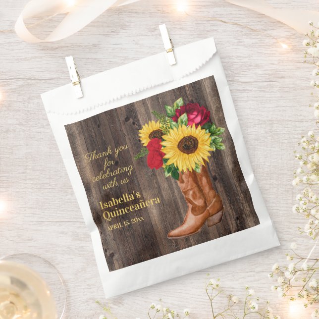 Red Roses Sunflowers Cowgirl Boots Quinceanera   P Favour Bags (Clipped)