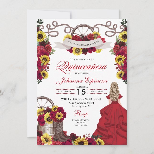 Red Roses Sunflowers Cowgirl Western Quinceanera Invitation (Front)