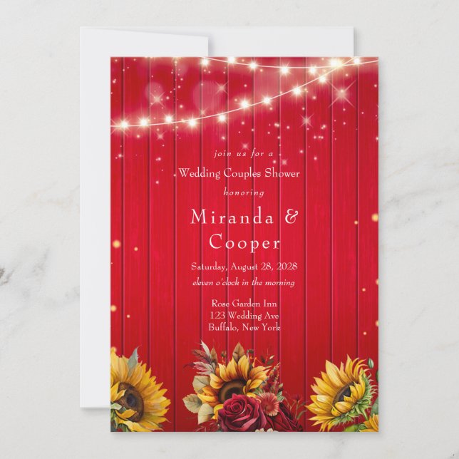 Red roses sunflowers lights wedding couples shower invitation (Front)