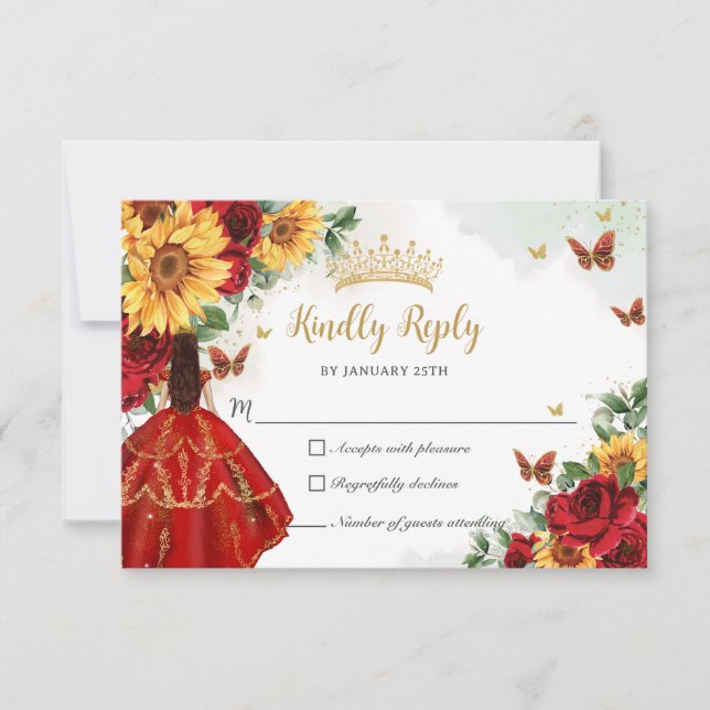 Red Roses Sunflowers Princess Quinceañera RSVP Card (Front)