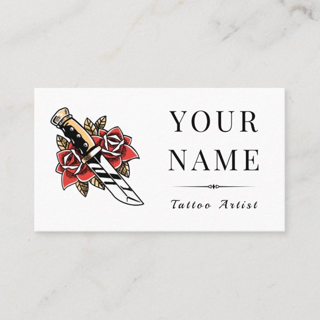 Red Roses & Sward Tattoo Artist Salon Modern Plain Business Card (Front)