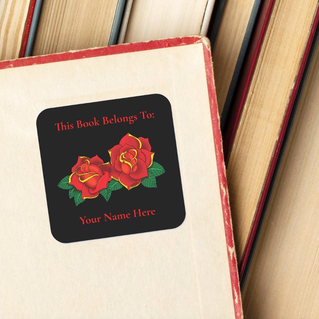 Red Roses Tattoo Bookplate Square Sticker (Creator Uploaded)