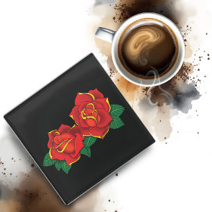 Red Roses Tattoo Glass Coaster