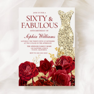 Red Roses & Text Gold Dress 60th Birthday Party Invitation