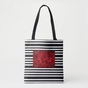 Red roses tote bag on blak white stripes