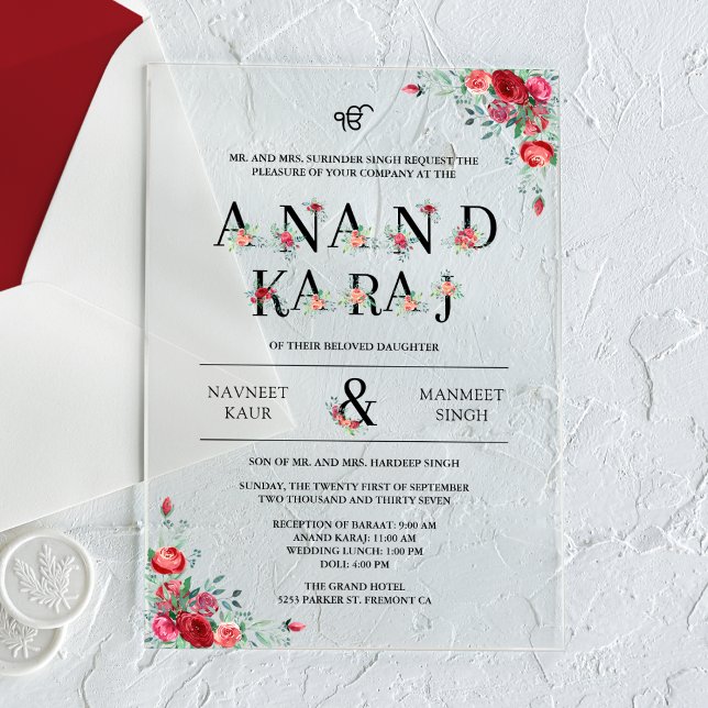 Red Roses Typography Anand Karaj Sikh Wedding Acrylic Invitations (Creator Uploaded)