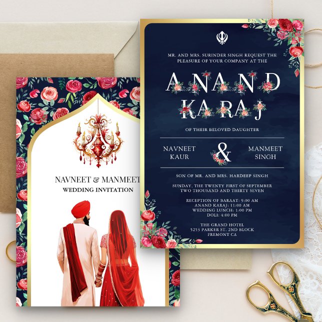 Red Roses Typography Blue Anand Karaj Sikh Wedding Invitation (Creator Uploaded)