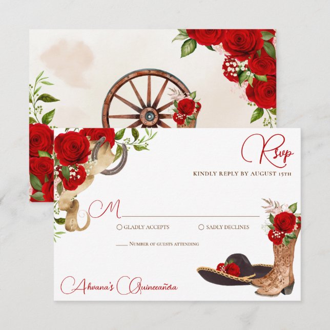 Red Roses Vintage Charro Western Quinceanera RSVP Card (Front/Back)