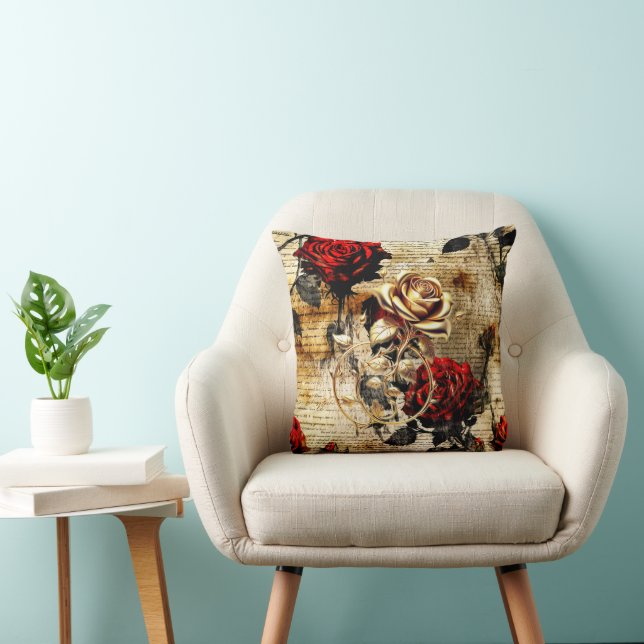 Red Roses & Vintage Gold  Throw Pillow (Chair)
