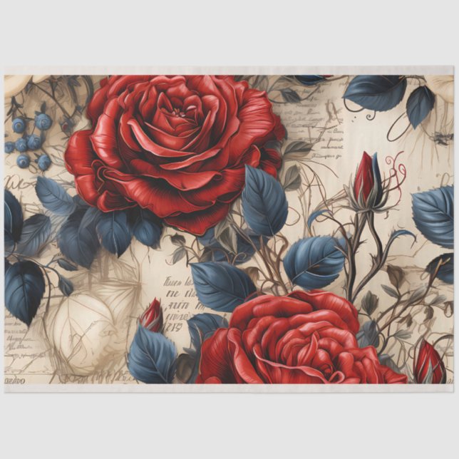 Red Roses Vintage Inspired Decoupage Tissue Paper (Front)