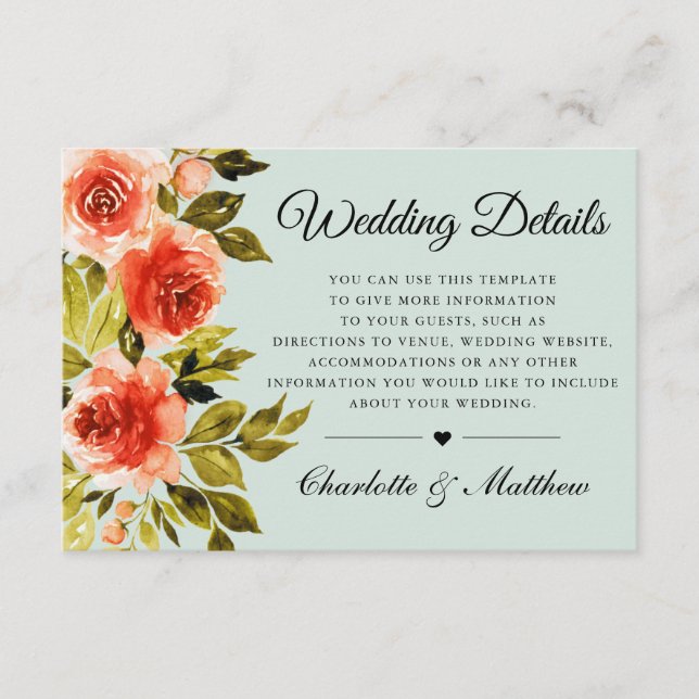 Red Roses Watercolor Botanical Wedding Details Enclosure Card (Front)
