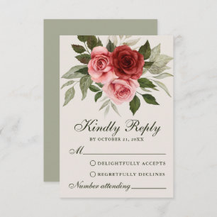 Red Roses Watercolor Botanical Wedding RSVP Card