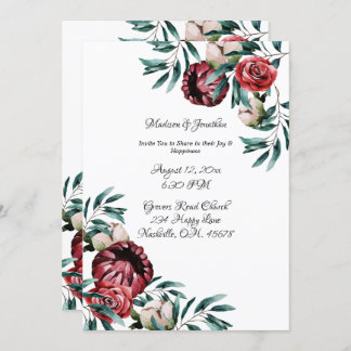 Red Roses Watercolor Elegant Script Wedding Invitation