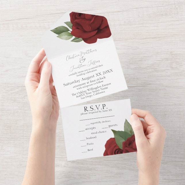 Red Roses Watercolor Flowers Wedding All In One Invitation (Tearaway)