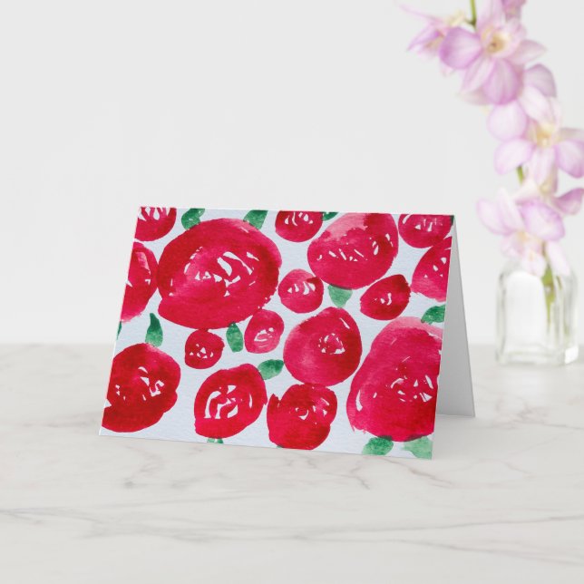 Red Roses Watercolor Folded Note Card (Orchid)