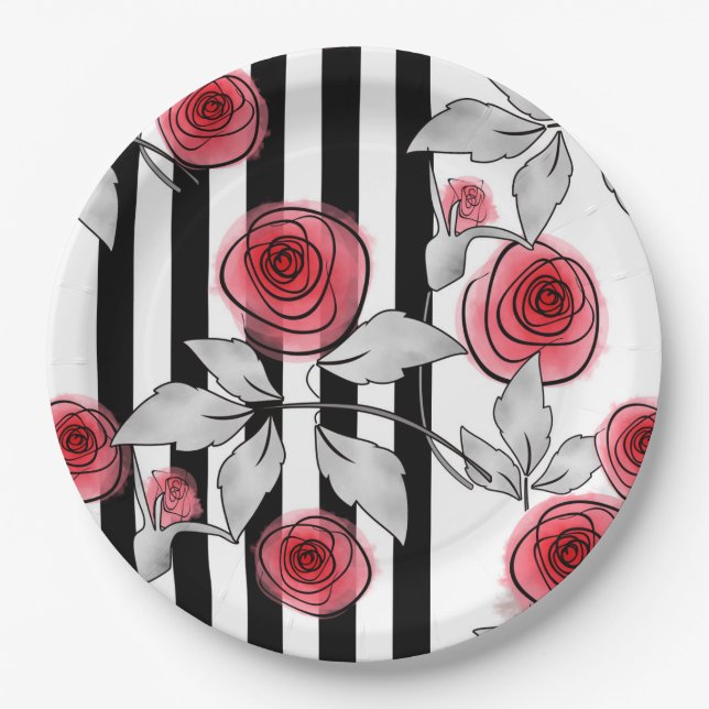 Red roses, watercolor roses paper plate (Front)