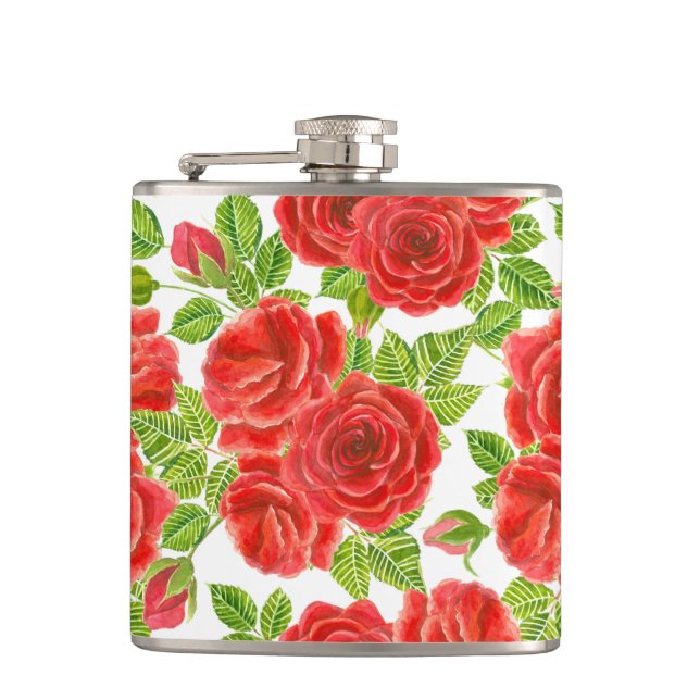 Red roses watercolor seamless pattern hip flask (Front)