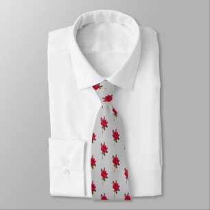 Red Roses Wedding Grooms Tie Gray