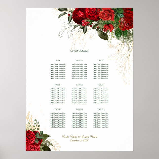 Red Roses Wedding Reception Seating Chart (Front)