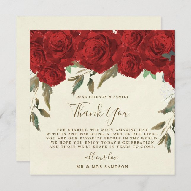red roses wedding thank you reception card (Front/Back)