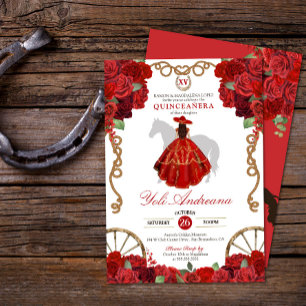 Red Roses Western Cowboy Charra Quinceañera Invitation