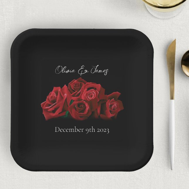 Red Roses White Black Elegance Timeless Paper Plate (Creator Uploaded)