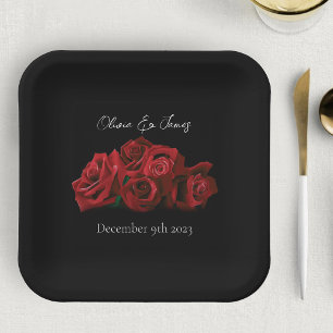 Red Roses White Black Paper Plate