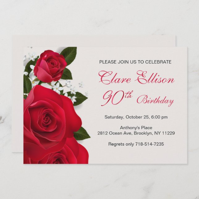 Red roses, white flowers 90th Birthday Invitation (Front/Back)