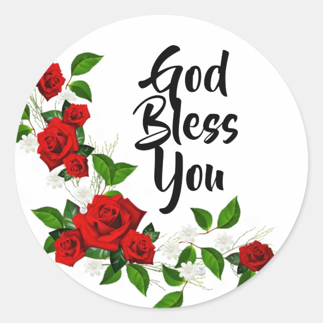 Red Roses white flowers God Bless You Classic Round Sticker (Front)