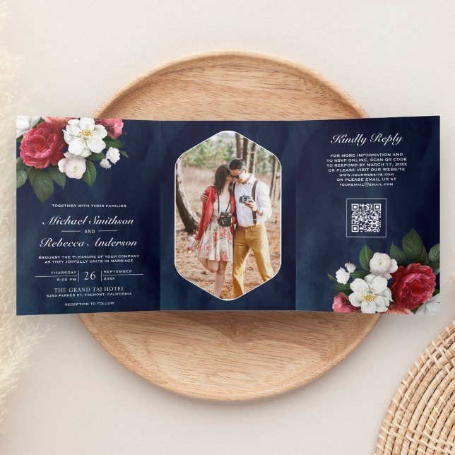 Red Roses White Magnolia Navy Blue QR Code Wedding Tri-Fold Invitation (Creator Uploaded)