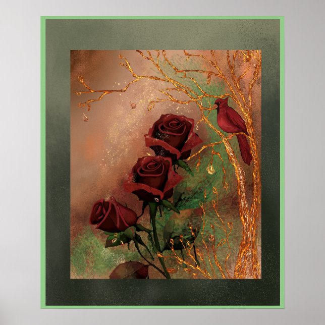 Red Roses with a bird  Poster (Front)