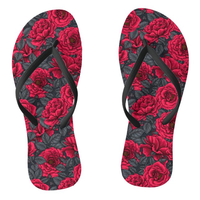 Red roses with gray leaves on black jandals (Footbed)