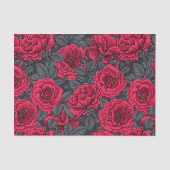 Red roses with gray leaves on black tissue paper (Front)