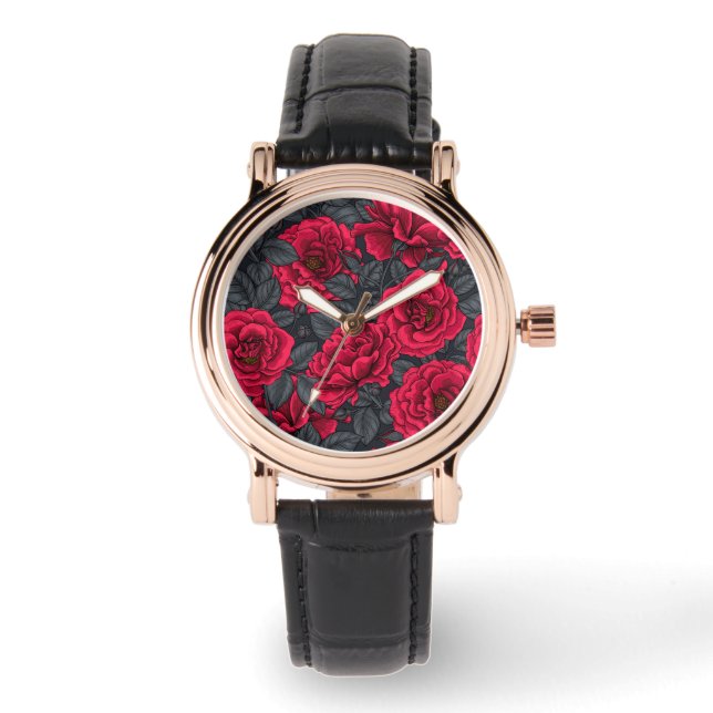 Red roses with gray leaves on black watch (Front)