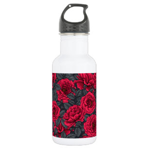 Red roses with grey leaves on black 532 ml water bottle