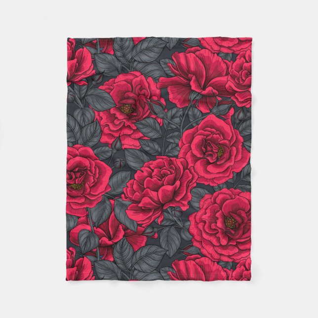 Red roses with grey leaves on black fleece blanket (Front)