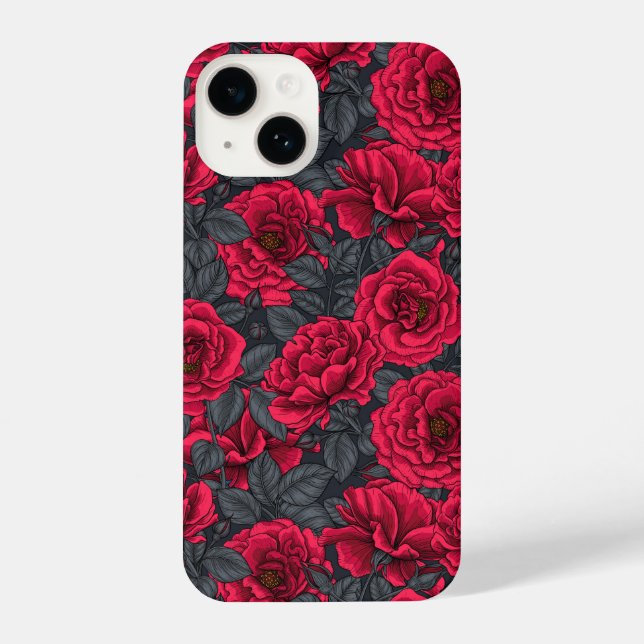 Red roses with grey leaves on black iPhone case (Back)