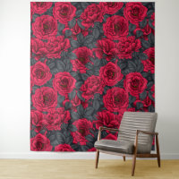 Red roses with grey leaves on black
