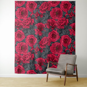 Red roses with grey leaves on black tapestry