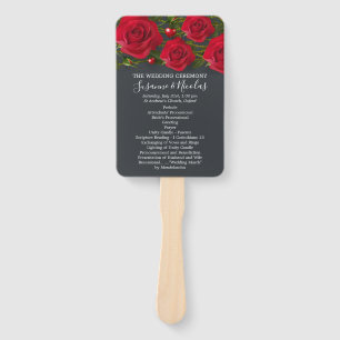 Red roses with hearts  on grey Wedding program Hand Fan