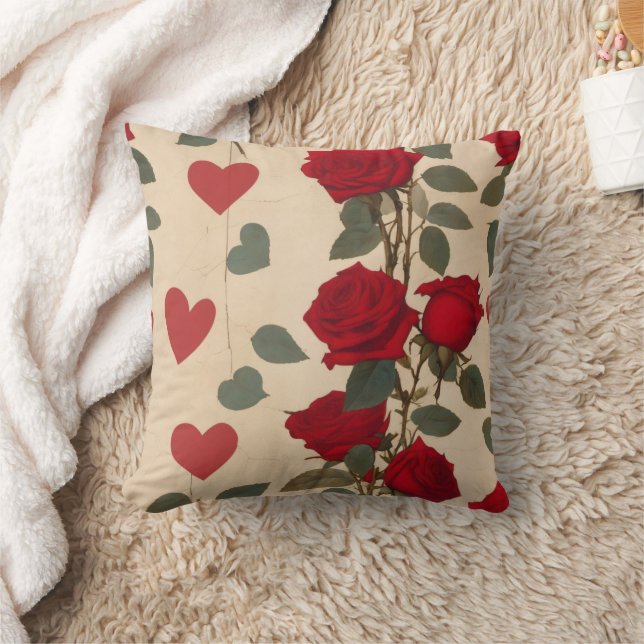 Red Roses with Hearts Pattern Romantic Cushion (Blanket)
