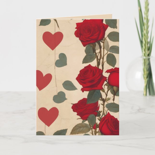 Red Roses with Hearts Pattern Romantic Note Card (Front)