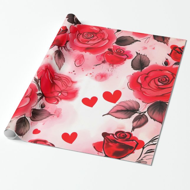 Red Roses with Hearts Valentine Romantic Floral Wrapping Paper (Unrolled)