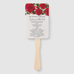 Red roses with hearts Wedding program Hand Fan