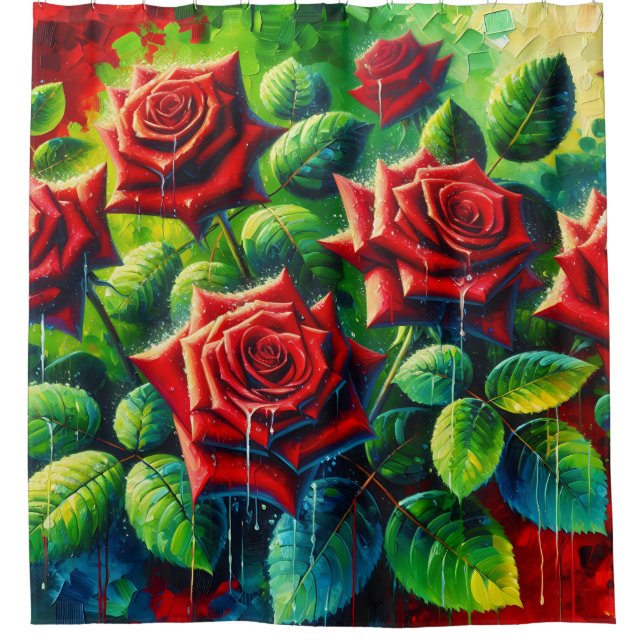 “Red Roses with Raindrops" Shower Curtain (Front)