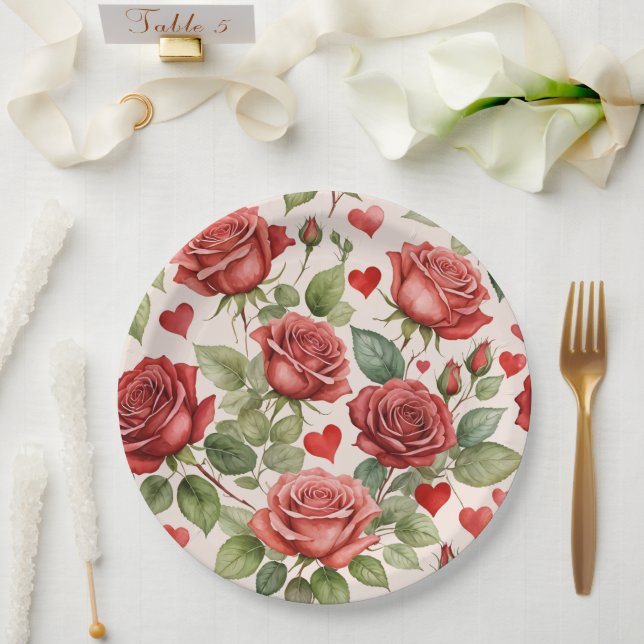 Red Roses with Valentine Hearts Pattern Romantic Paper Plate (Wedding)